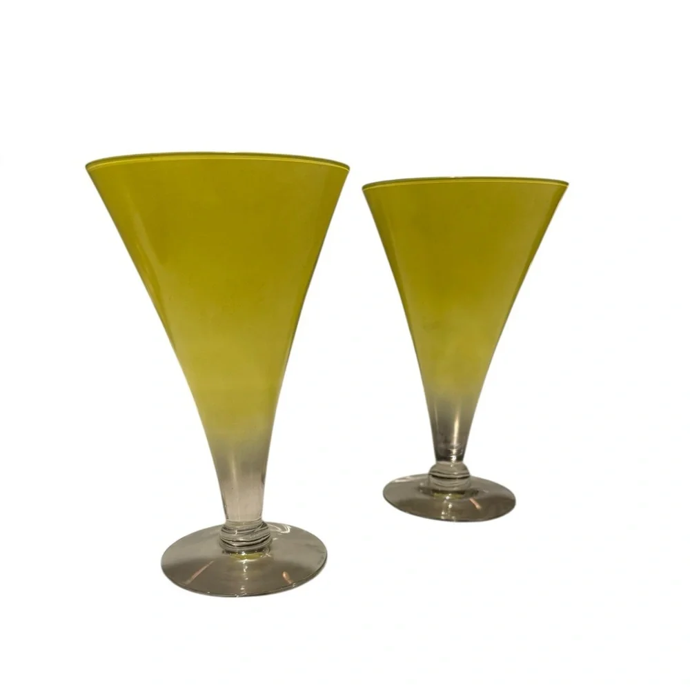 Lemon Yellow Ombre Conical Beer Martini Glasses Art Glass. Vintage Set of 2